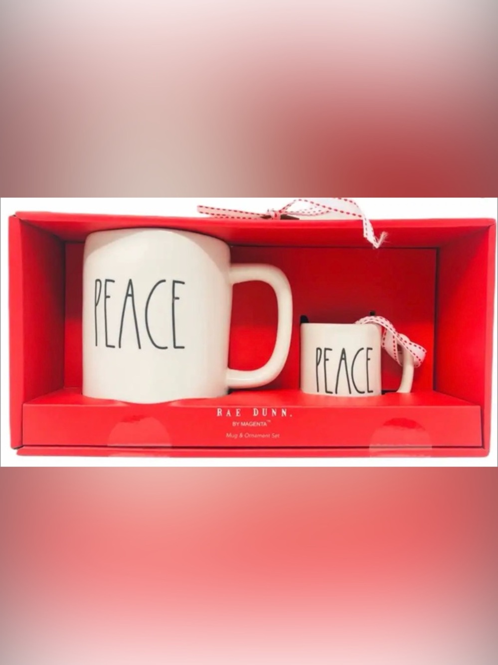NEW Rae Dunn White 'PEACE' Mug and Mini Ornament Set with Red Box